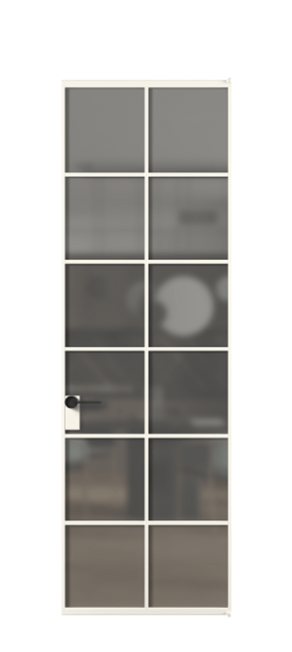 Алюминиевая дверь АЛПЛ040.05 Алюминий пудровый белый Сатинированное серое стекло, триплекс Цена 134960  | Volhovec