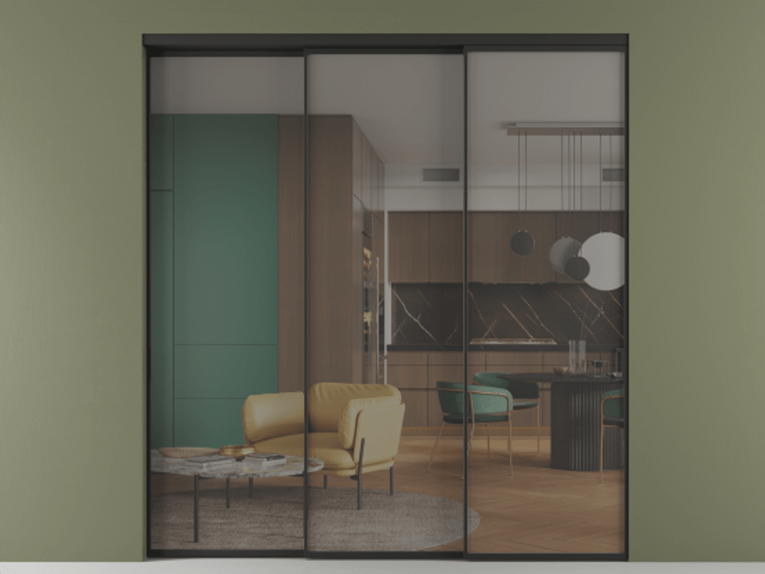 Перегородка Формато внутри проёма 3 створки с синхронным механизмом АЛПР 040.01 Алюминий Черный Прозрачное серое стекло, триплекс Цена 331930 ₽  | Volhovec