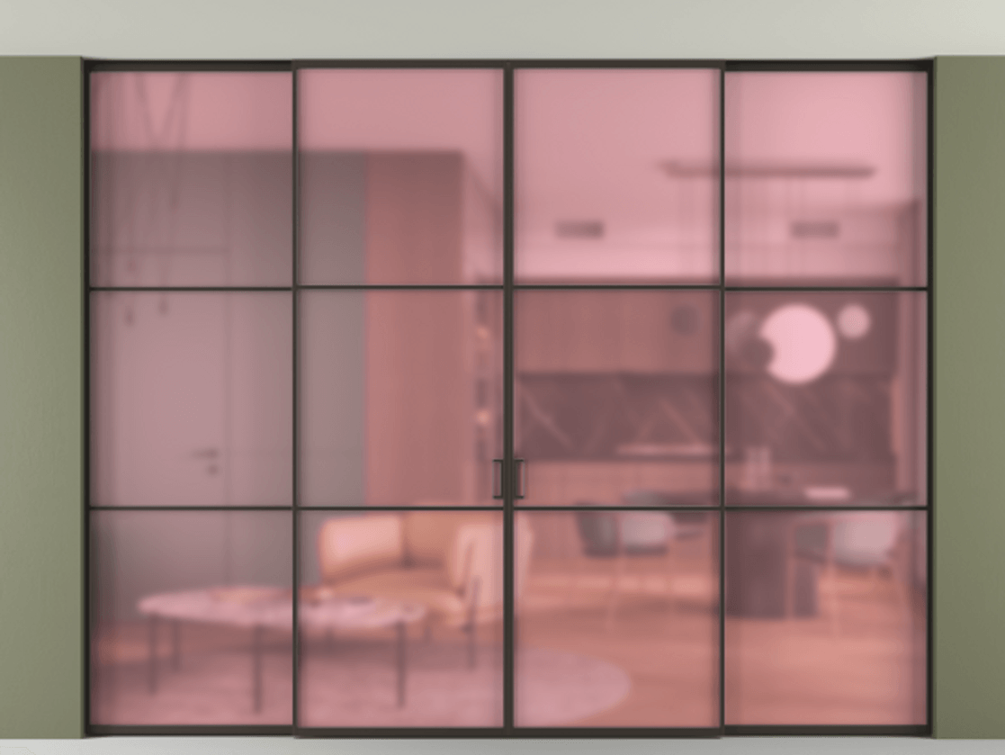 Перегородка Формато внутри проёма скрытое крепление в потолок 4 створки АЛПР 040.03 Алюминий антрацит Сатинированное розовое стекло, триплекс Цена 479910 ₽ | Volhovec